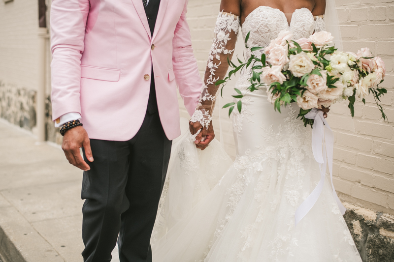 Beautiful wedding just married portraits at Main Street Ballroom in Ellicott City by Britney Clause Photography