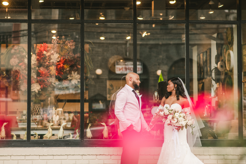 Beautiful wedding just married portraits at Main Street Ballroom in Ellicott City by Britney Clause Photography