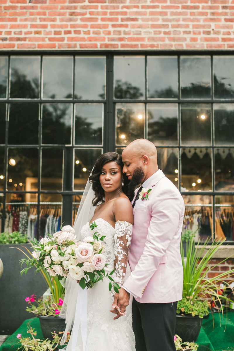 Beautiful wedding just married portraits at Main Street Ballroom in Ellicott City outside Sweet Elizabeth Jane by Britney Clause Photography