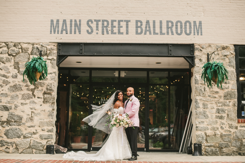 Beautiful wedding just married portraits at Main Street Ballroom in Ellicott City by Britney Clause Photography