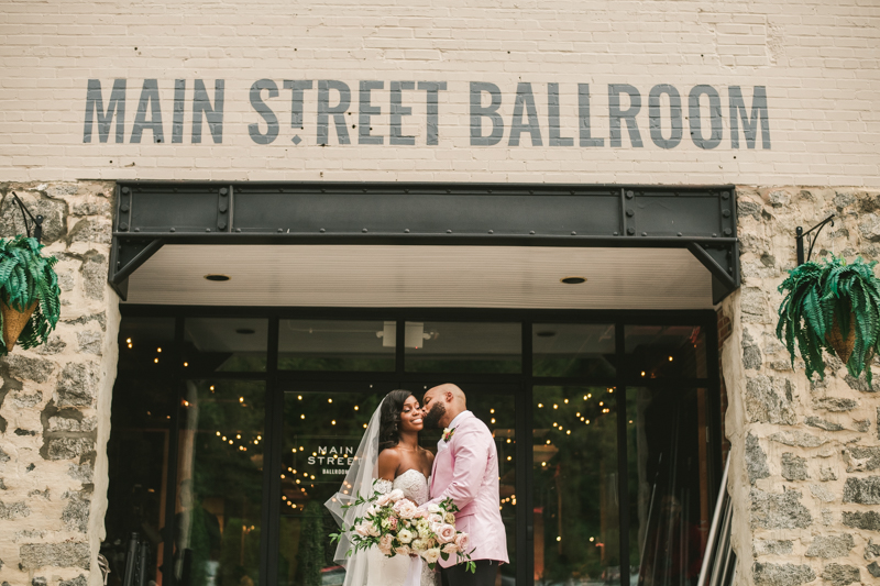 Beautiful wedding just married portraits at Main Street Ballroom in Ellicott City by Britney Clause Photography