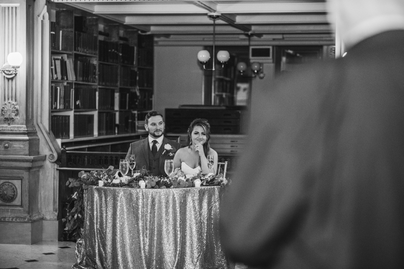 A gorgeous wedding reception at the George Peabody Library in Baltimore, Maryland by Britney Clause Photography