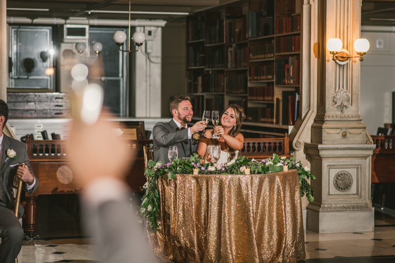 A gorgeous wedding reception at the George Peabody Library in Baltimore, Maryland by Britney Clause Photography