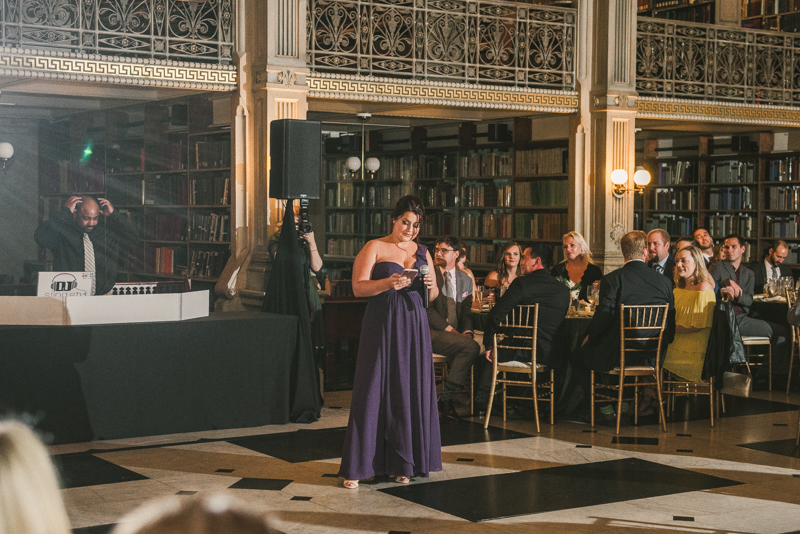 A gorgeous wedding reception at the George Peabody Library in Baltimore, Maryland by Britney Clause Photography