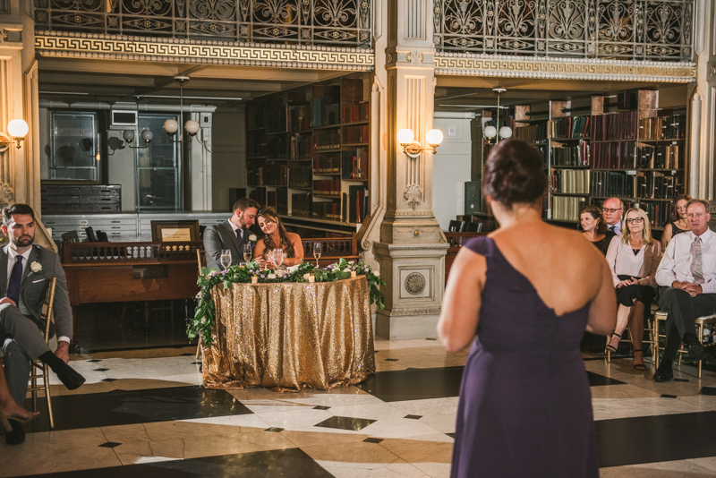 A gorgeous wedding reception at the George Peabody Library in Baltimore, Maryland by Britney Clause Photography