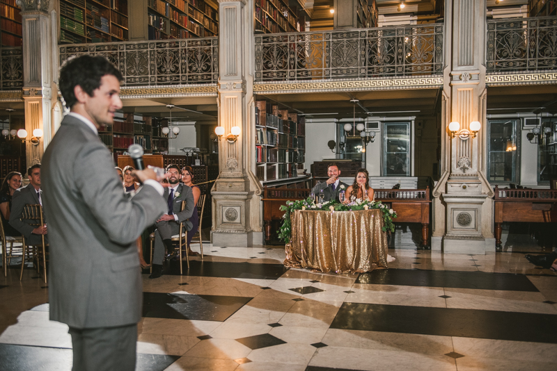 A gorgeous wedding reception at the George Peabody Library in Baltimore, Maryland by Britney Clause Photography