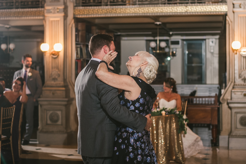 A gorgeous wedding reception at the George Peabody Library in Baltimore, Maryland by Britney Clause Photography