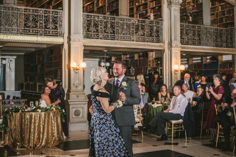 A gorgeous wedding reception at the George Peabody Library in Baltimore, Maryland by Britney Clause Photography