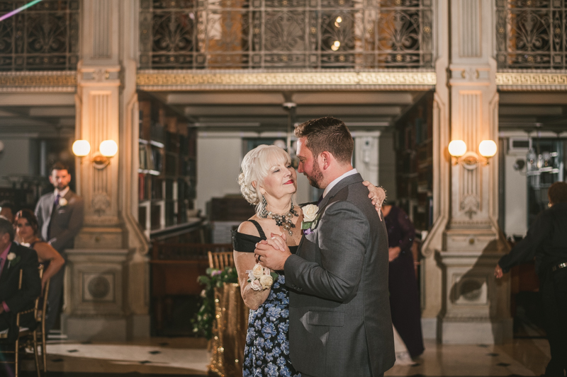 A gorgeous wedding reception at the George Peabody Library in Baltimore, Maryland by Britney Clause Photography
