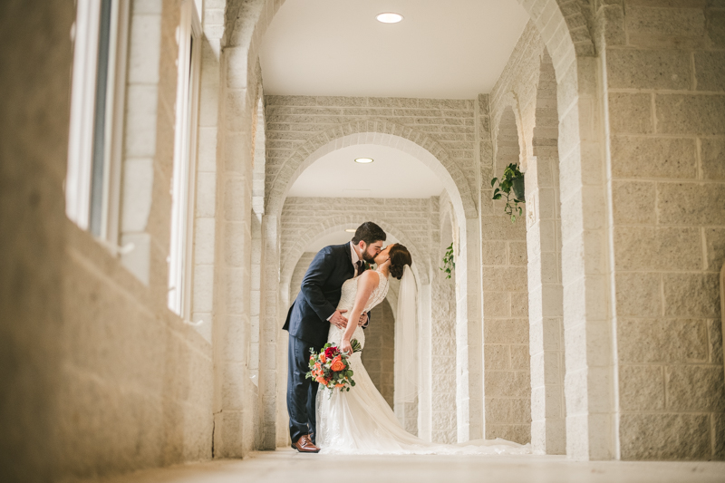 Stunning fall bride and groom just married portraits at Jesus the Good Shepherd Church in Owings in Maryland. Photo by Britney Clause Photography