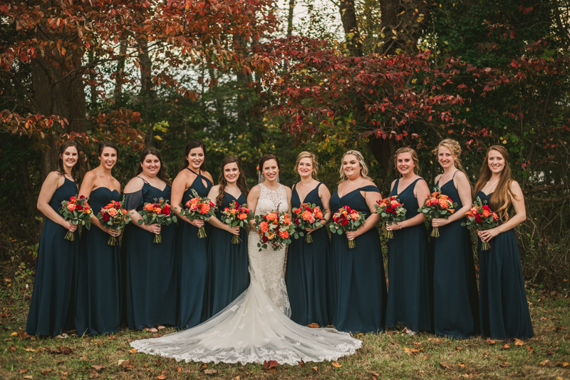 Stunning fall bridal party photos at The Barn at Pleasant Acres in Maryland. Photo by Britney Clause Photography