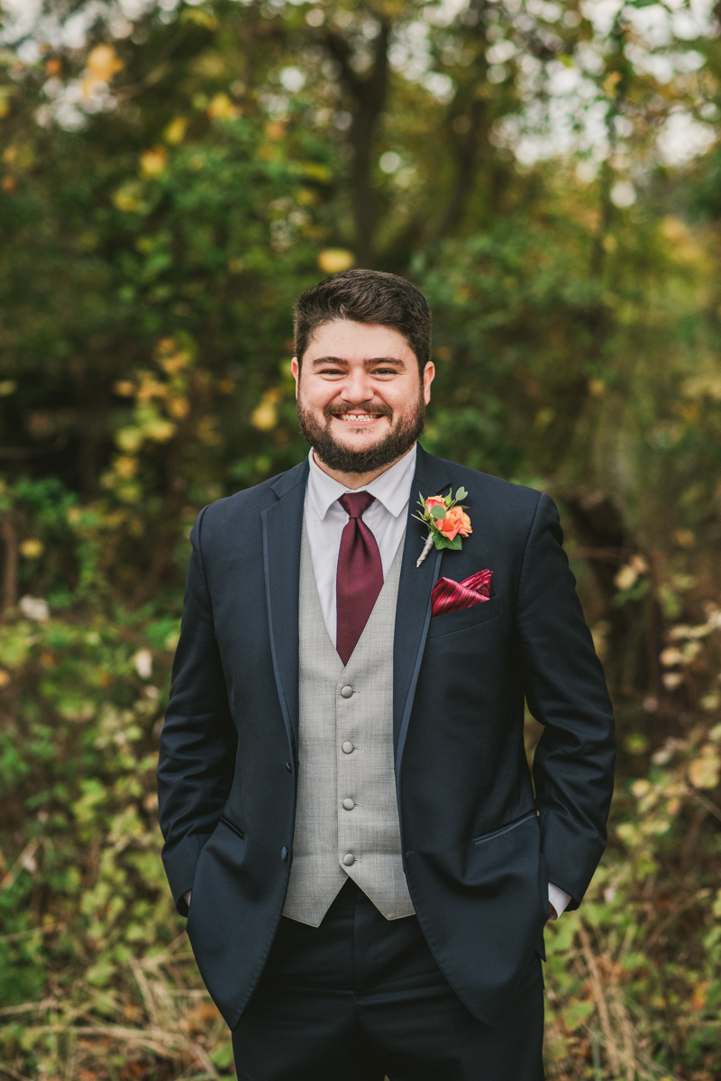 Stunning fall bride and groom just married portraits at The Barn at Pleasant Acres in Maryland. Photo by Britney Clause Photography