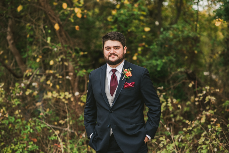 Stunning fall bride and groom just married portraits at The Barn at Pleasant Acres in Maryland. Photo by Britney Clause Photography