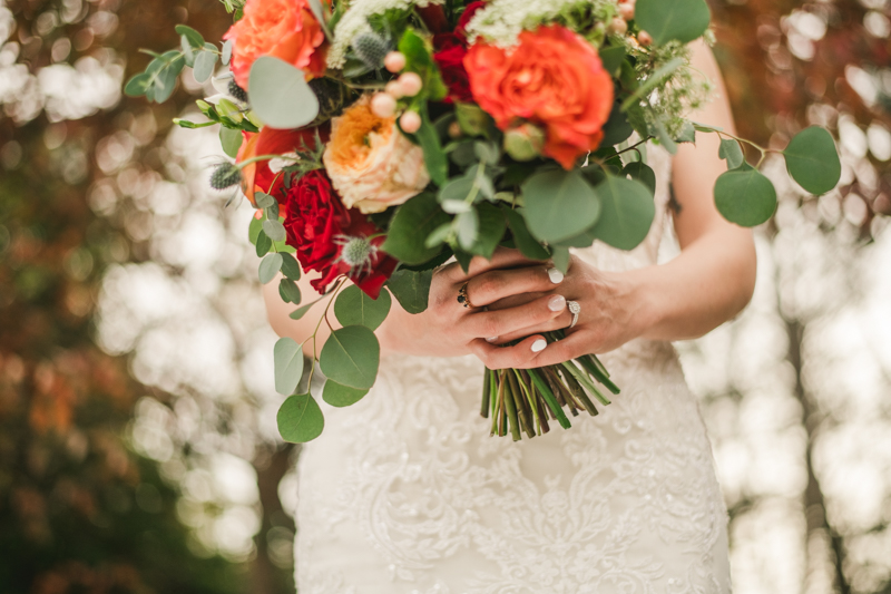 Stunning fall bride and groom just married portraits at The Barn at Pleasant Acres in Maryland. Photo by Britney Clause Photography