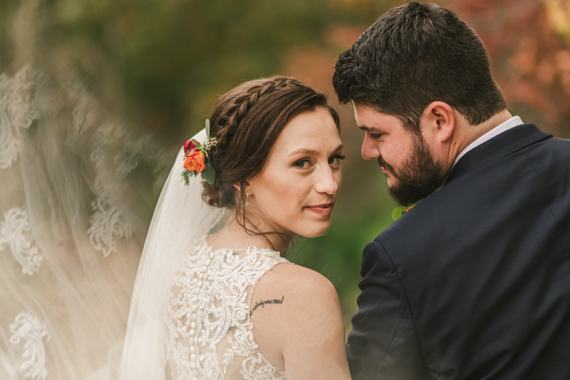 Stunning fall bride and groom just married portraits at The Barn at Pleasant Acres in Maryland. Photo by Britney Clause Photography