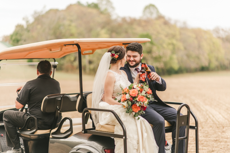 Stunning fall bride and groom just married portraits at The Barn at Pleasant Acres in Maryland. Photo by Britney Clause Photography