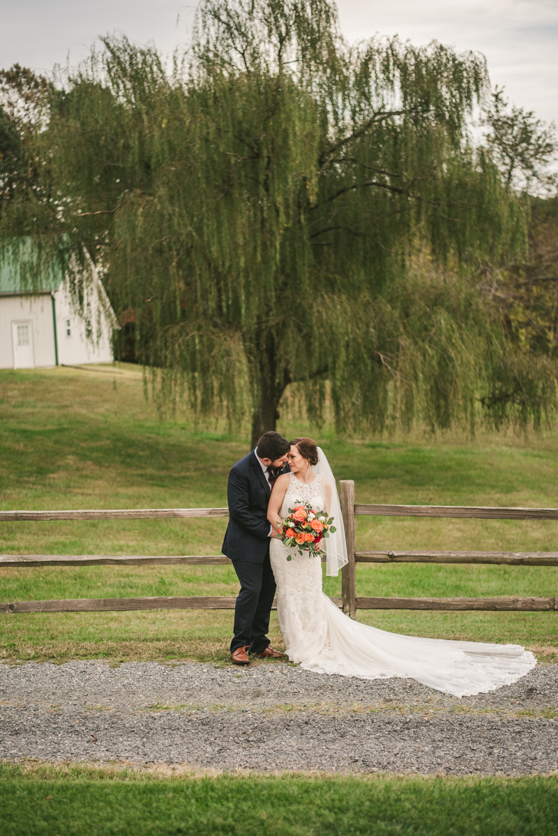Stunning fall bride and groom just married portraits at The Barn at Pleasant Acres in Maryland. Photo by Britney Clause Photography