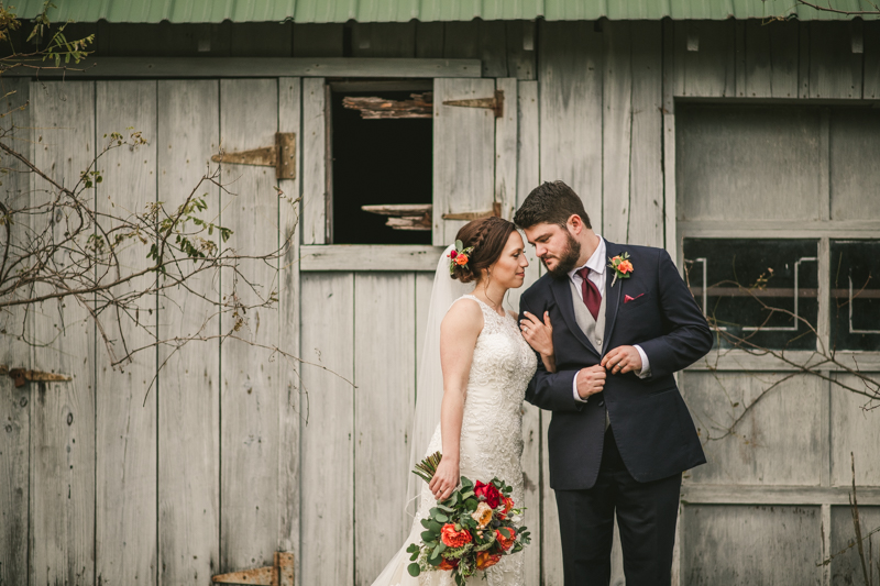 Stunning fall bride and groom just married portraits at The Barn at Pleasant Acres in Maryland. Photo by Britney Clause Photography