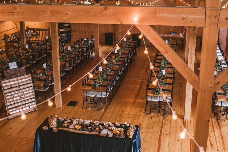 Gorgeous fall wedding reception details at The Barn at Pleasant Acres in Maryland. Photo by Britney Clause Photography