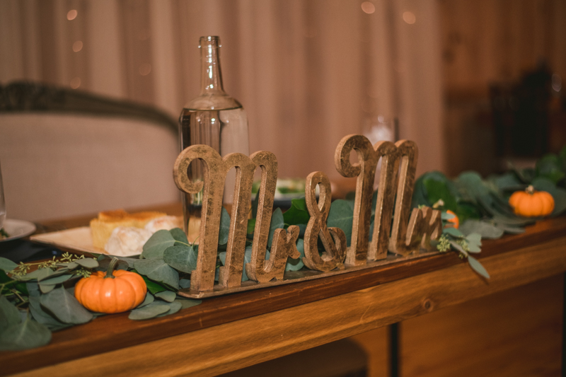 Gorgeous fall wedding reception details at The Barn at Pleasant Acres in Maryland. Photo by Britney Clause Photography