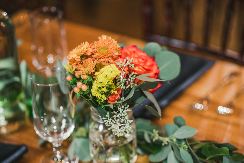 Gorgeous fall wedding reception details at The Barn at Pleasant Acres in Maryland. Photo by Britney Clause Photography