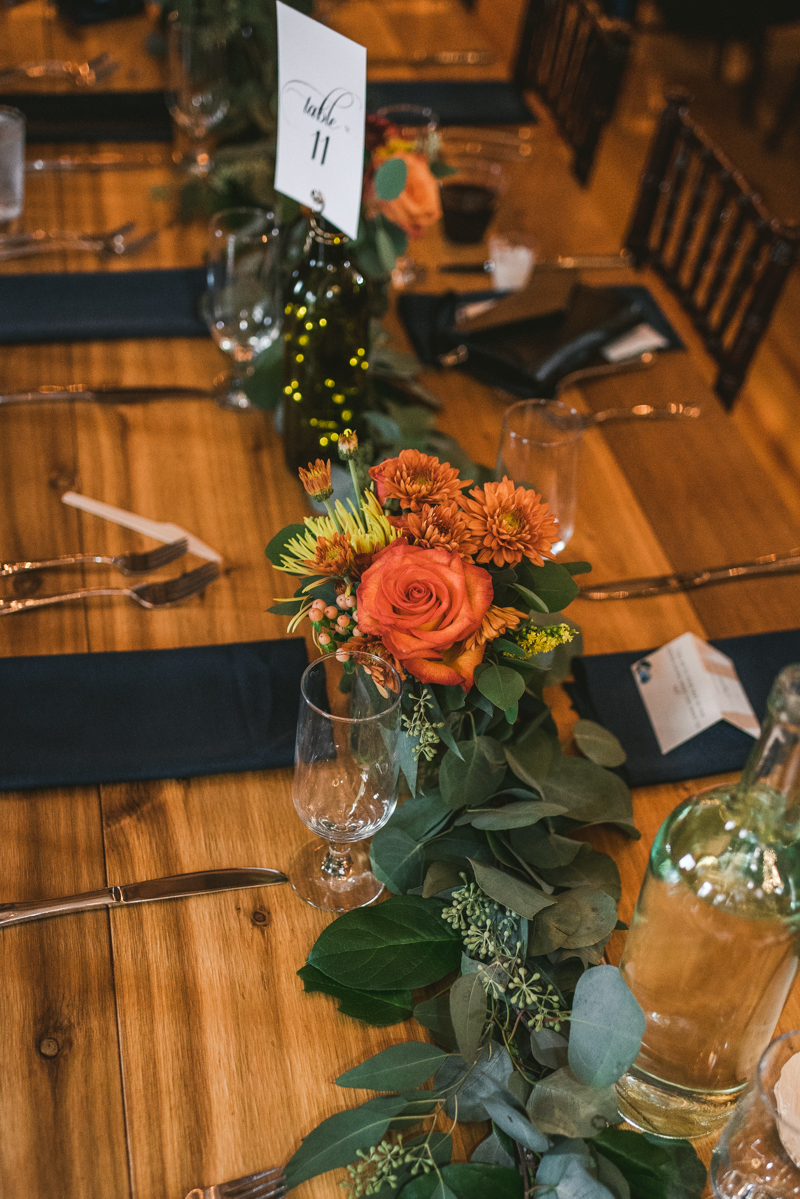 Gorgeous fall wedding reception details at The Barn at Pleasant Acres in Maryland. Photo by Britney Clause Photography