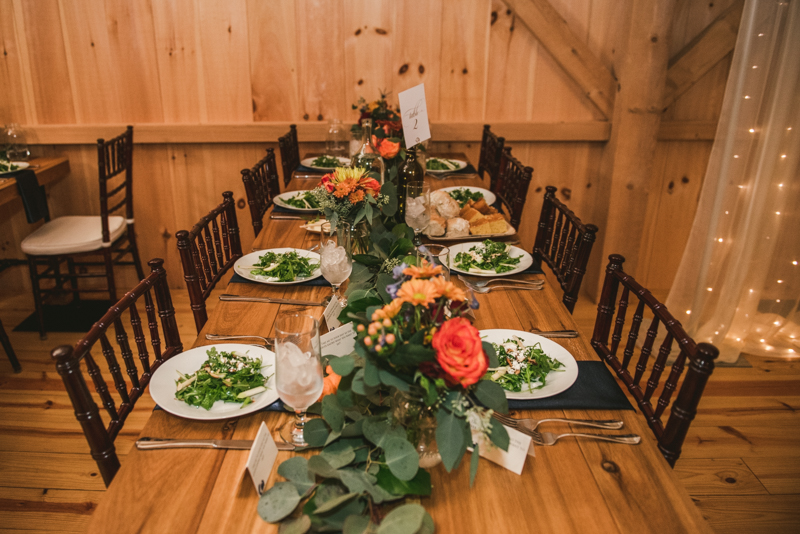 Gorgeous fall wedding reception details at The Barn at Pleasant Acres in Maryland. Photo by Britney Clause Photography