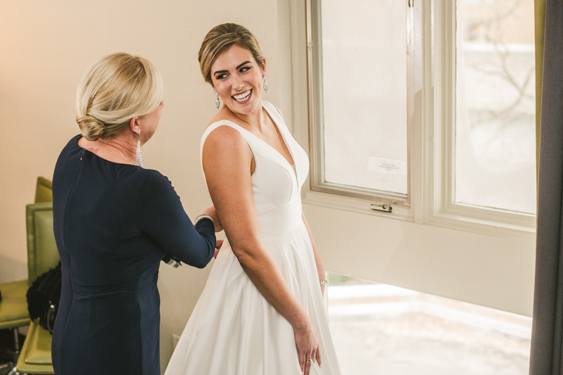 Wedding day hair and make up by Swept, LLC at Mt Washington Mill Dye House in Baltimore, Maryland. Captured by Britney Clause Photography