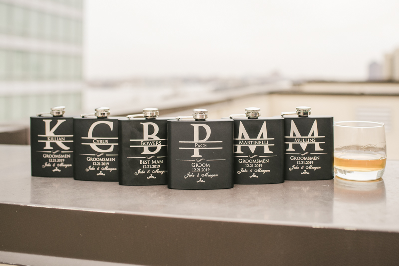 Fun and unique flask groomsmen gifts at Mt Washington Mill Dye House in Baltimore, Maryland. Captured by Britney Clause Photography