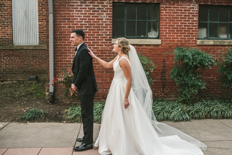 Stunning wedding bride and groom portraits at Mt Washington Mill Dye House in Baltimore, Maryland. Captured by Britney Clause Photography