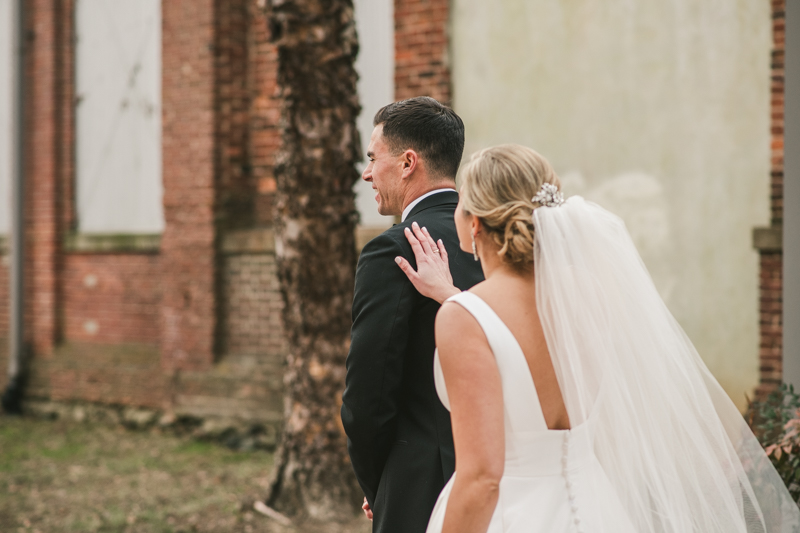 Stunning wedding bride and groom portraits at Mt Washington Mill Dye House in Baltimore, Maryland. Captured by Britney Clause Photography