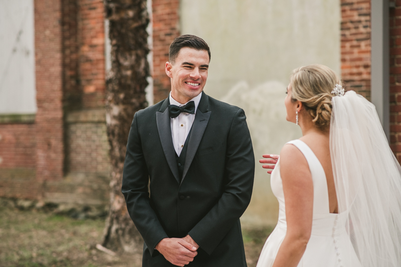 Stunning wedding bride and groom portraits at Mt Washington Mill Dye House in Baltimore, Maryland. Captured by Britney Clause Photography