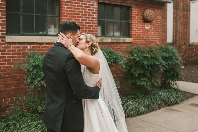 Stunning wedding bride and groom portraits at Mt Washington Mill Dye House in Baltimore, Maryland. Captured by Britney Clause Photography