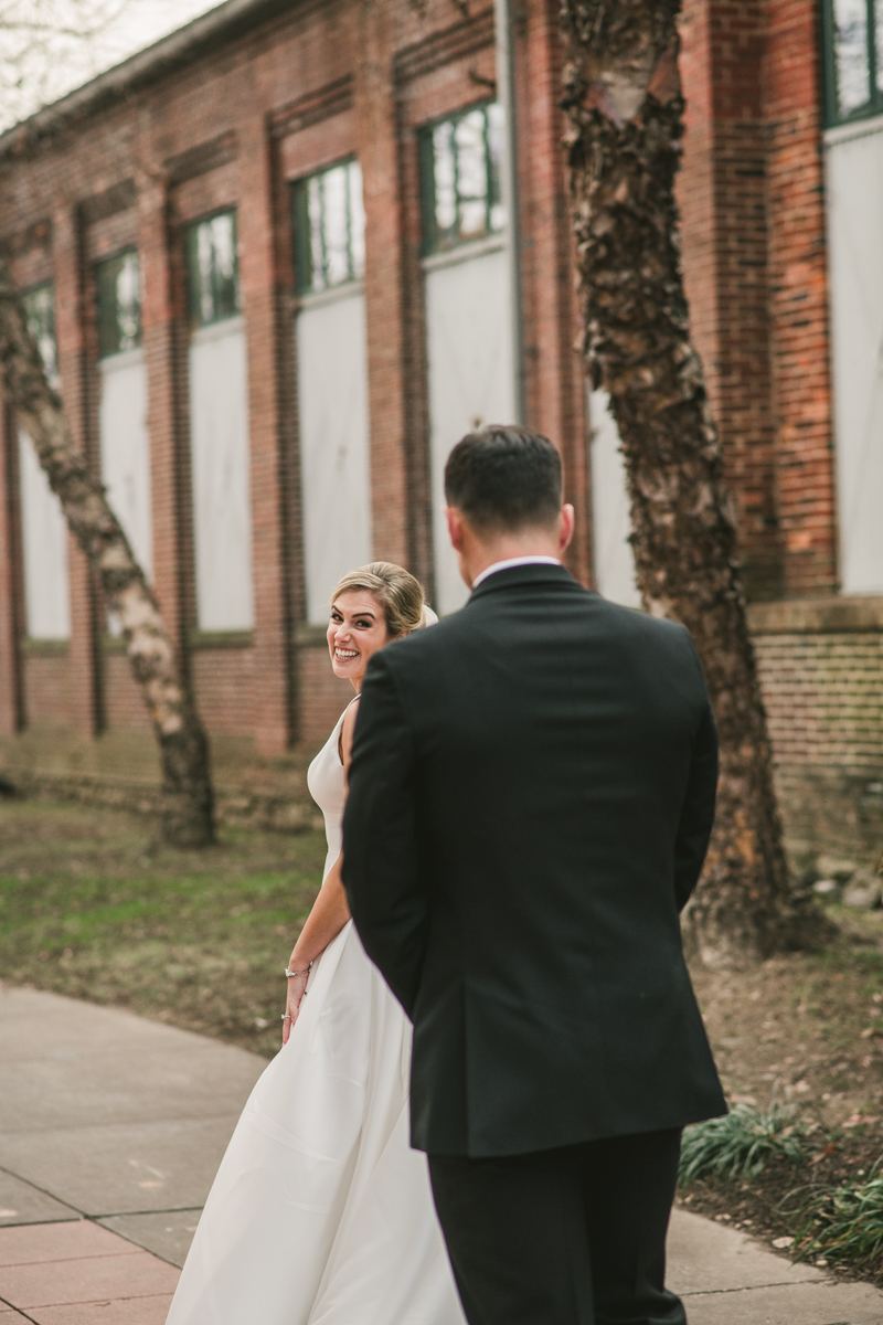 Stunning wedding bride and groom portraits at Mt Washington Mill Dye House in Baltimore, Maryland. Captured by Britney Clause Photography