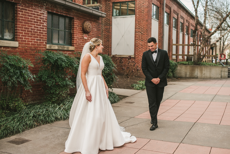 Stunning wedding bride and groom portraits at Mt Washington Mill Dye House in Baltimore, Maryland. Captured by Britney Clause Photography