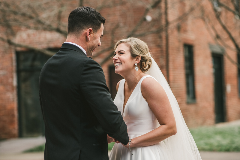 Stunning wedding bride and groom portraits at Mt Washington Mill Dye House in Baltimore, Maryland. Captured by Britney Clause Photography