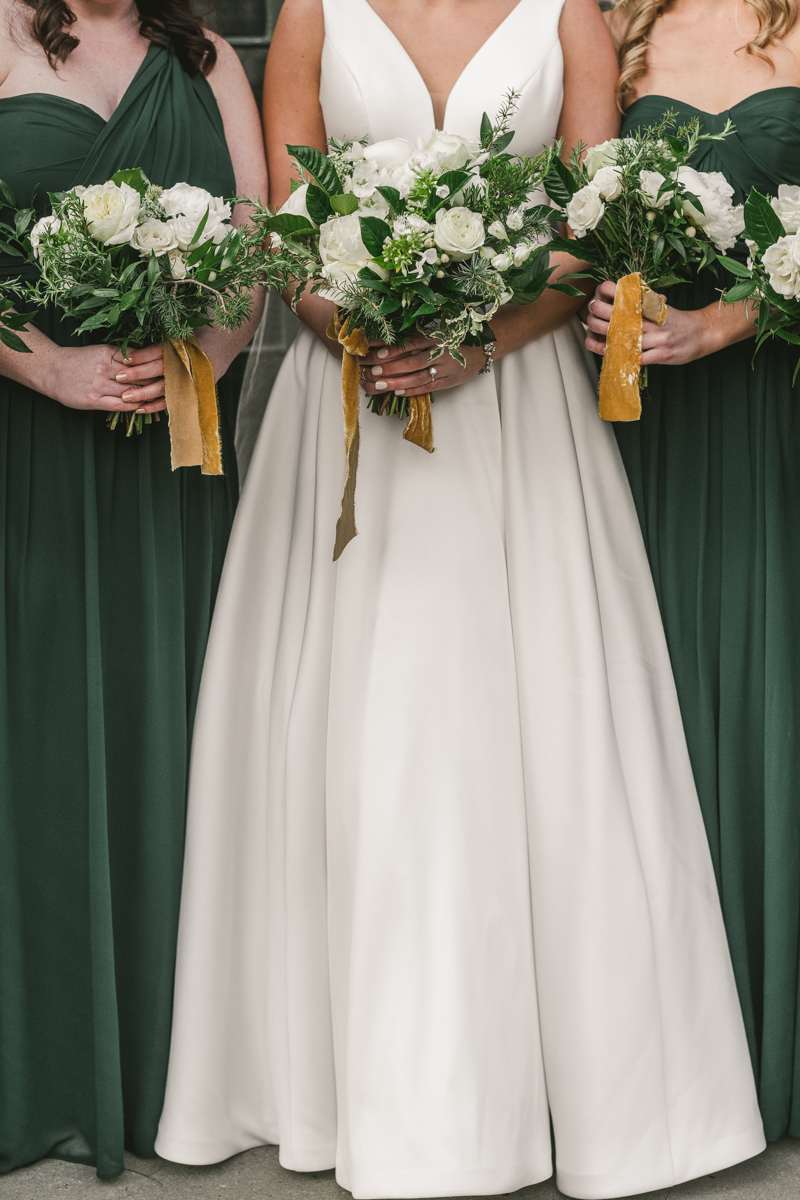 Stunning wedding florals by Violet Floral Designs at Mt Washington Mill Dye House in Baltimore, Maryland. Captured by Britney Clause Photography