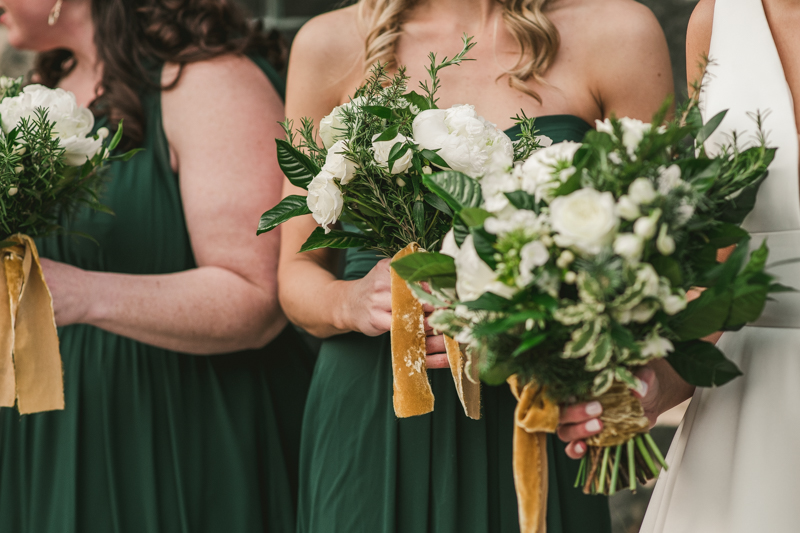 Stunning wedding florals by Violet Floral Designs at Mt Washington Mill Dye House in Baltimore, Maryland. Captured by Britney Clause Photography
