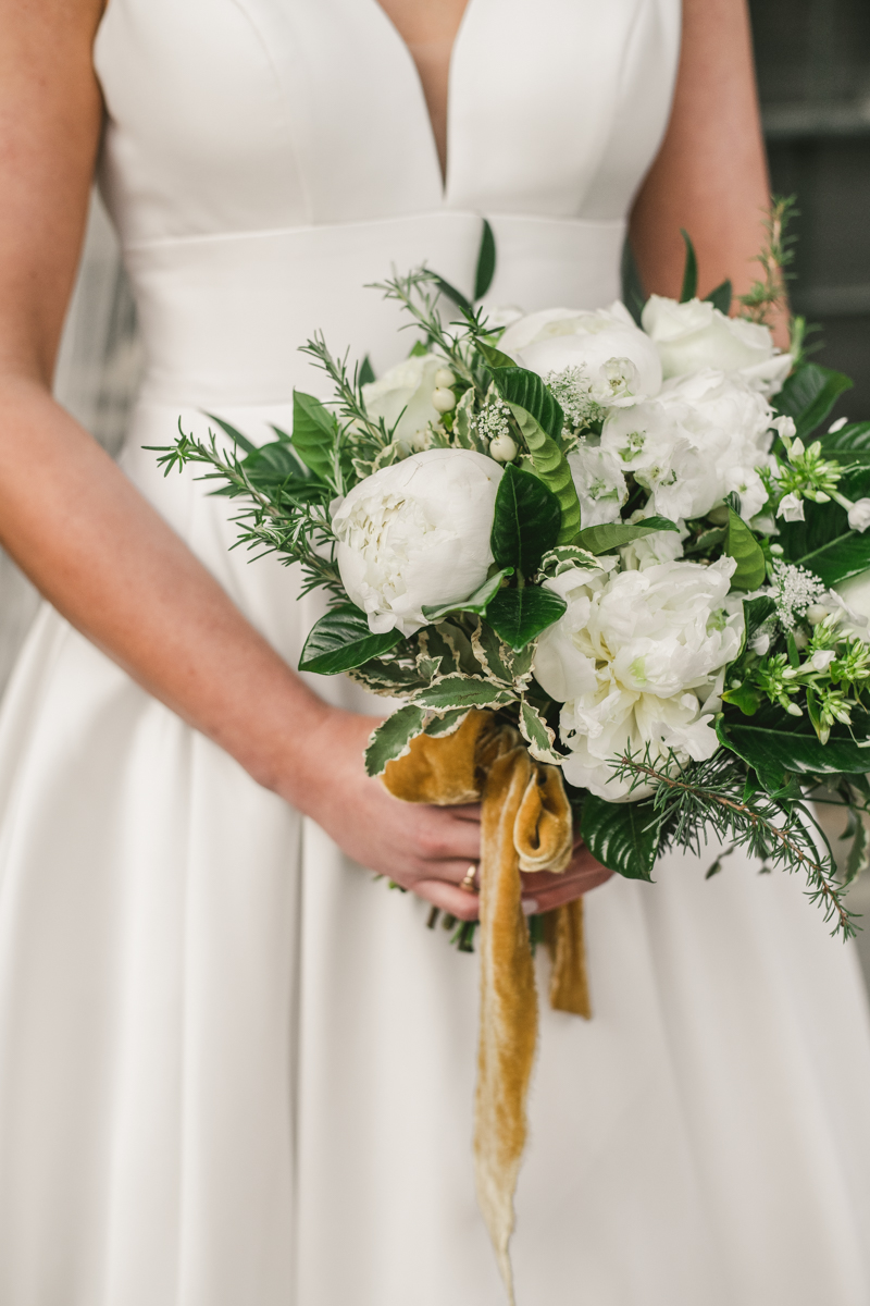 Stunning wedding florals by Violet Floral Designs at Mt Washington Mill Dye House in Baltimore, Maryland. Captured by Britney Clause Photography