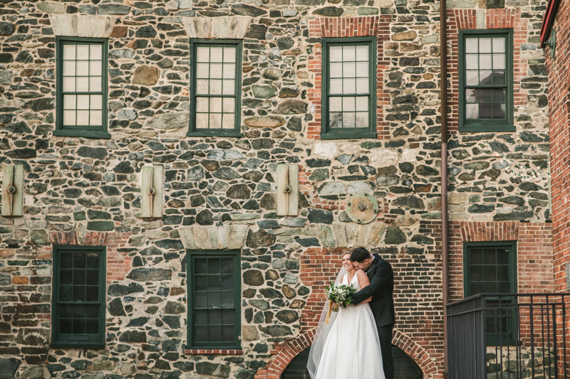 Stunning wedding bride and groom portraits at Mt Washington Mill Dye House in Baltimore, Maryland. Captured by Britney Clause Photography