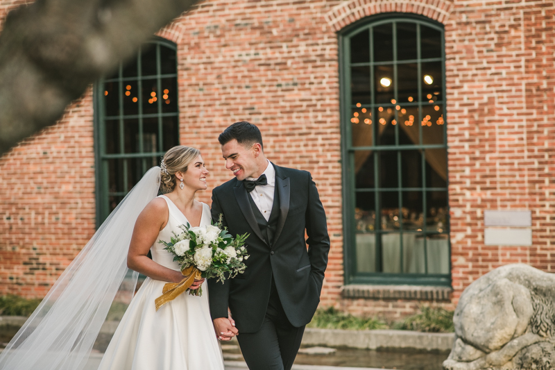 Stunning wedding bride and groom portraits at Mt Washington Mill Dye House in Baltimore, Maryland. Captured by Britney Clause Photography