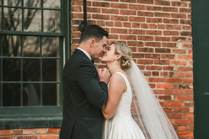 Stunning wedding bride and groom portraits at Mt Washington Mill Dye House in Baltimore, Maryland. Captured by Britney Clause Photography