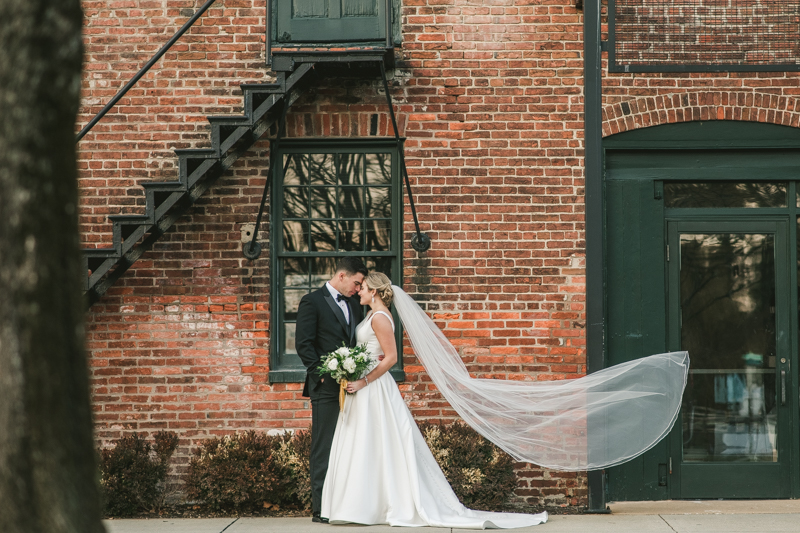 Stunning wedding bride and groom portraits at Mt Washington Mill Dye House in Baltimore, Maryland. Captured by Britney Clause Photography