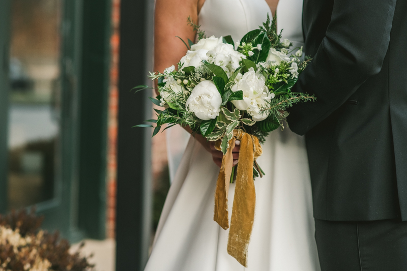 Stunning wedding florals by Violet Floral Designs at Mt Washington Mill Dye House in Baltimore, Maryland. Captured by Britney Clause Photography