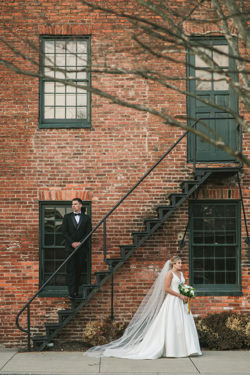 Stunning wedding bride and groom portraits at Mt Washington Mill Dye House in Baltimore, Maryland. Captured by Britney Clause Photography