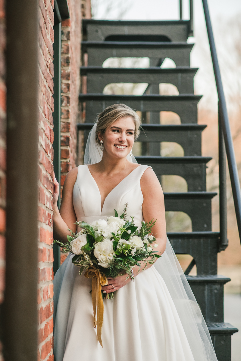 Stunning wedding bride and groom portraits at Mt Washington Mill Dye House in Baltimore, Maryland. Captured by Britney Clause Photography