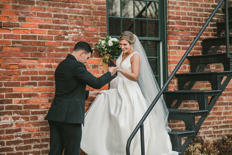 Stunning wedding bride and groom portraits at Mt Washington Mill Dye House in Baltimore, Maryland. Captured by Britney Clause Photography