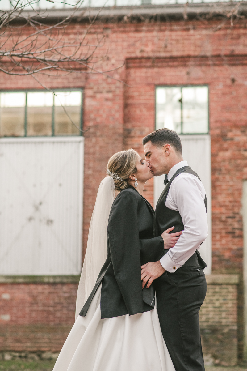 Stunning wedding bride and groom portraits at Mt Washington Mill Dye House in Baltimore, Maryland. Captured by Britney Clause Photography