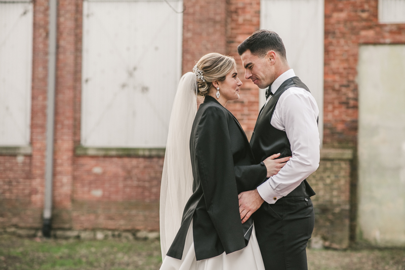 Stunning wedding bride and groom portraits at Mt Washington Mill Dye House in Baltimore, Maryland. Captured by Britney Clause Photography