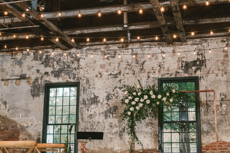 Stunning wedding florals by Violet Floral Designs at Mt Washington Mill Dye House in Baltimore, Maryland. Captured by Britney Clause Photography